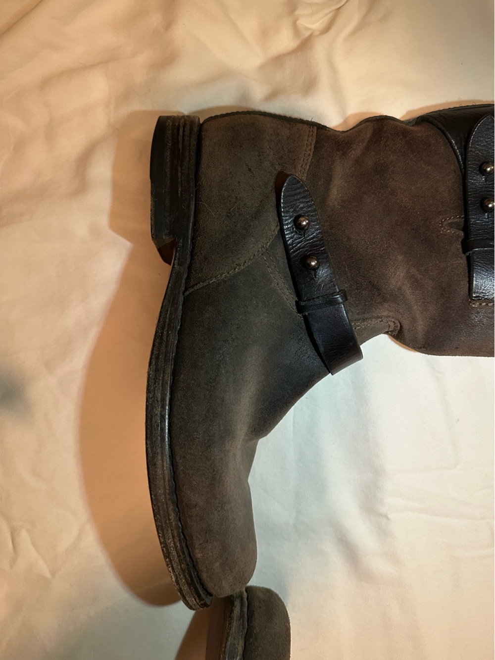 rag & bone Brown Suede Motorcycle Boot with Black Leather Straps and Trim